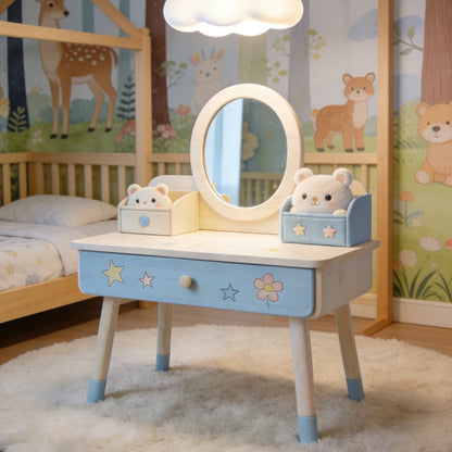 Star & Flower Kids Vanity Desk - Natural Wood Toddler Dressing Table with Oval Mirror and Storage (Light Wood & Blue)