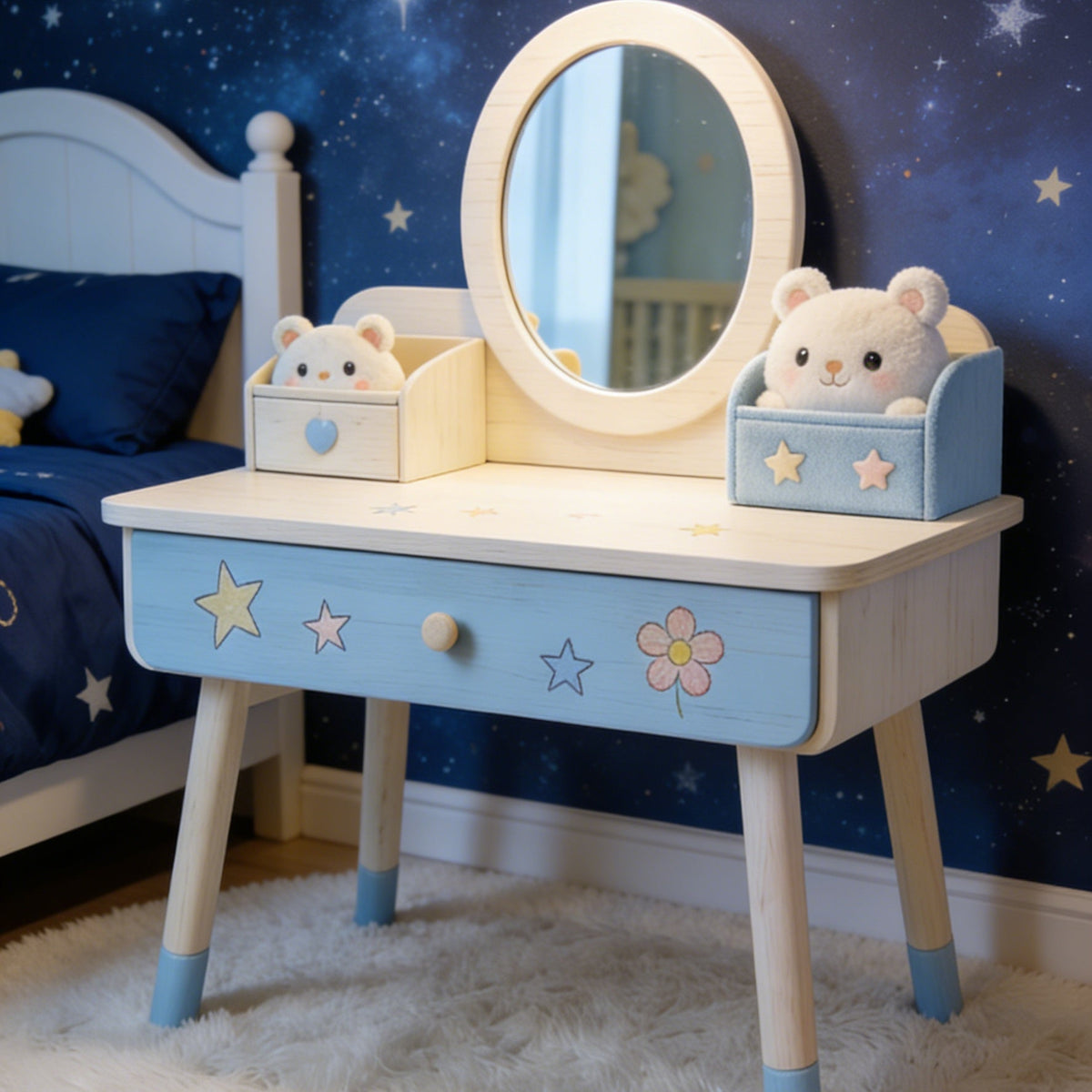 Star & Flower Kids Vanity Desk - Natural Wood Toddler Dressing Table with Oval Mirror and Storage (Light Wood & Blue)