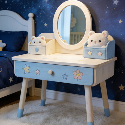 Star & Flower Kids Vanity Desk - Natural Wood Toddler Dressing Table with Oval Mirror and Storage (Light Wood & Blue)