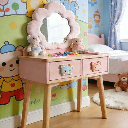 Cloud Shaped Kids Vanity Table - Fluffy Mirror Toddler Dressing Table with Double Drawers and Bear Knobs (Pink & Natural Wood)