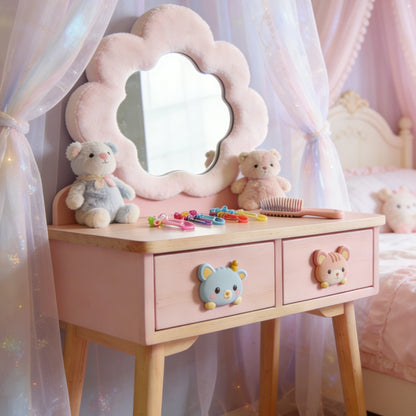 Cloud Shaped Kids Vanity Table - Fluffy Mirror Toddler Dressing Table with Double Drawers and Bear Knobs (Pink & Natural Wood)