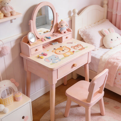 Cloud Shaped Kids Vanity Table - Fluffy Mirror Toddler Dressing Table with Double Drawers and Bear Knobs (Pink & Natural Wood)