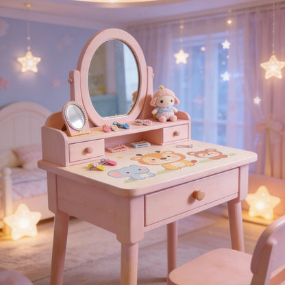 Cloud Shaped Kids Vanity Table - Fluffy Mirror Toddler Dressing Table with Double Drawers and Bear Knobs (Pink & Natural Wood)