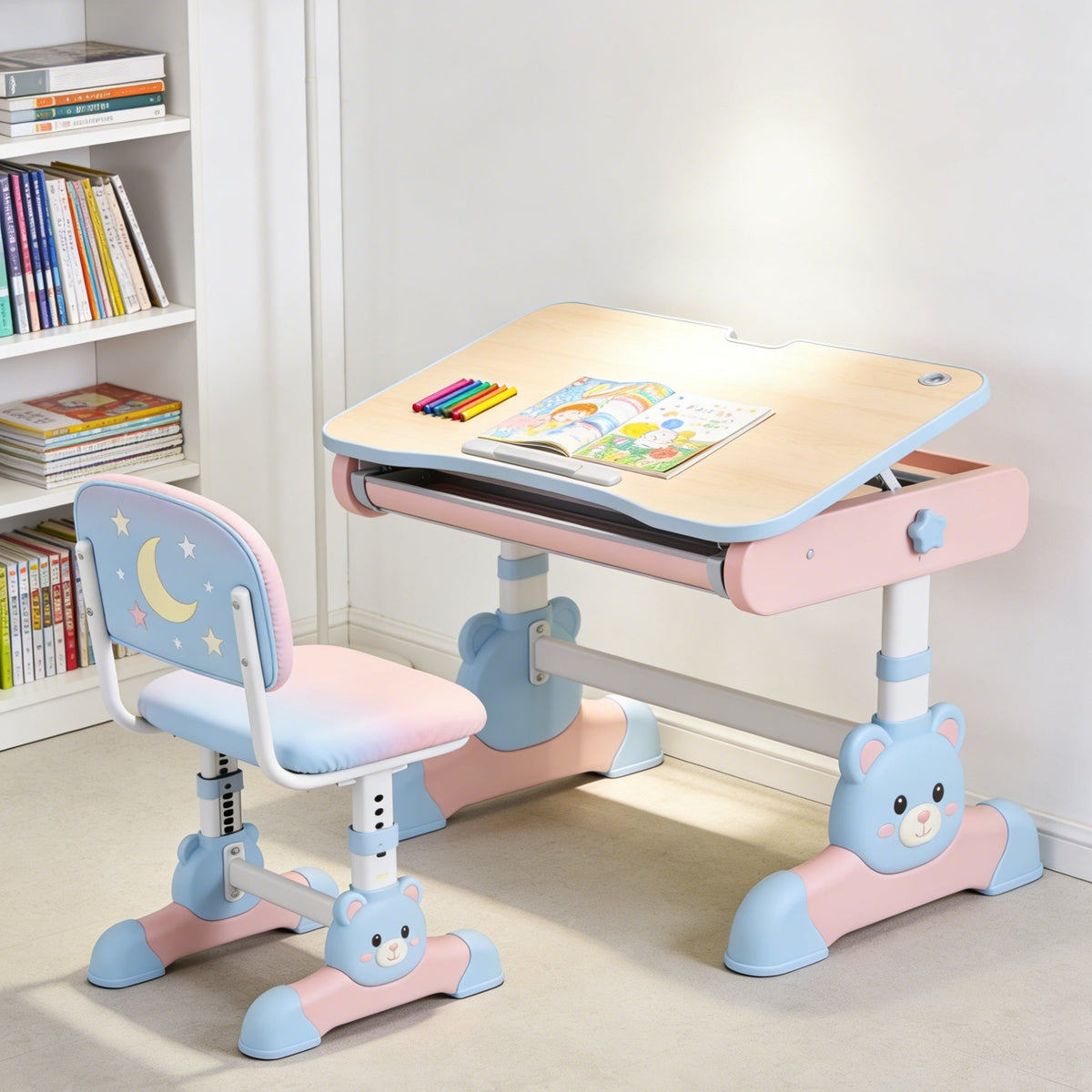 Adjustable Kids Study Desk and Chair Set - Bear Design Ergonomic School Table with Tilt Top for Girls (Pink & Blue)