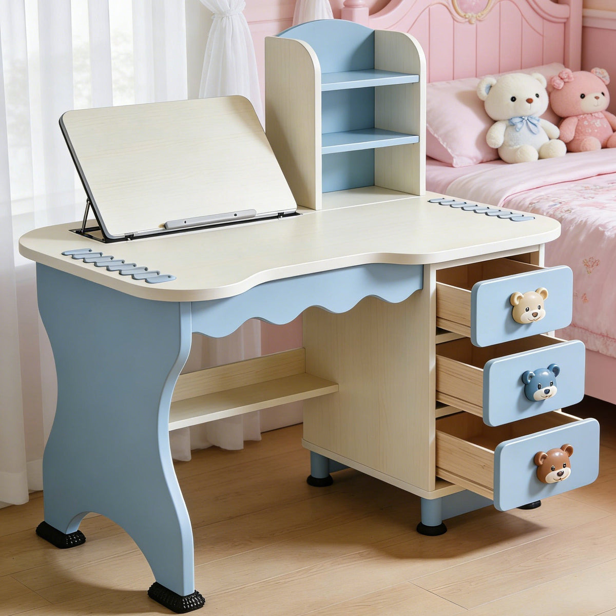 Scalloped Edge Kids Study Desk with Book Stand - Blue & White Ergonomic Writing Table with 3 Bear Drawers for Boys