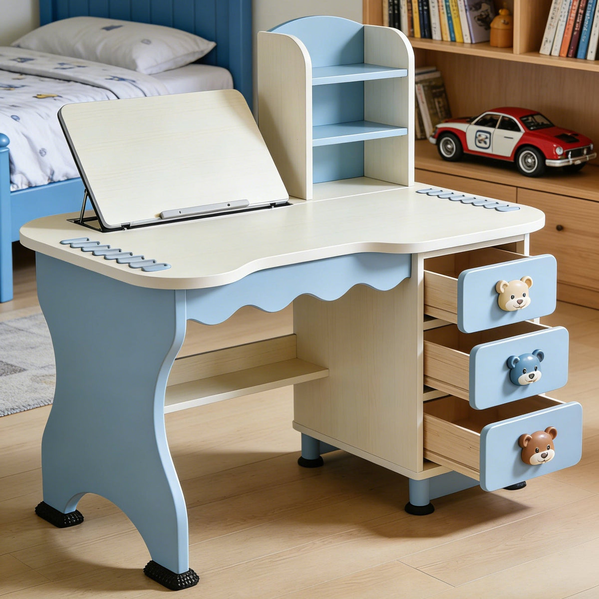 Scalloped Edge Kids Study Desk with Book Stand - Blue & White Ergonomic Writing Table with 3 Bear Drawers for Boys