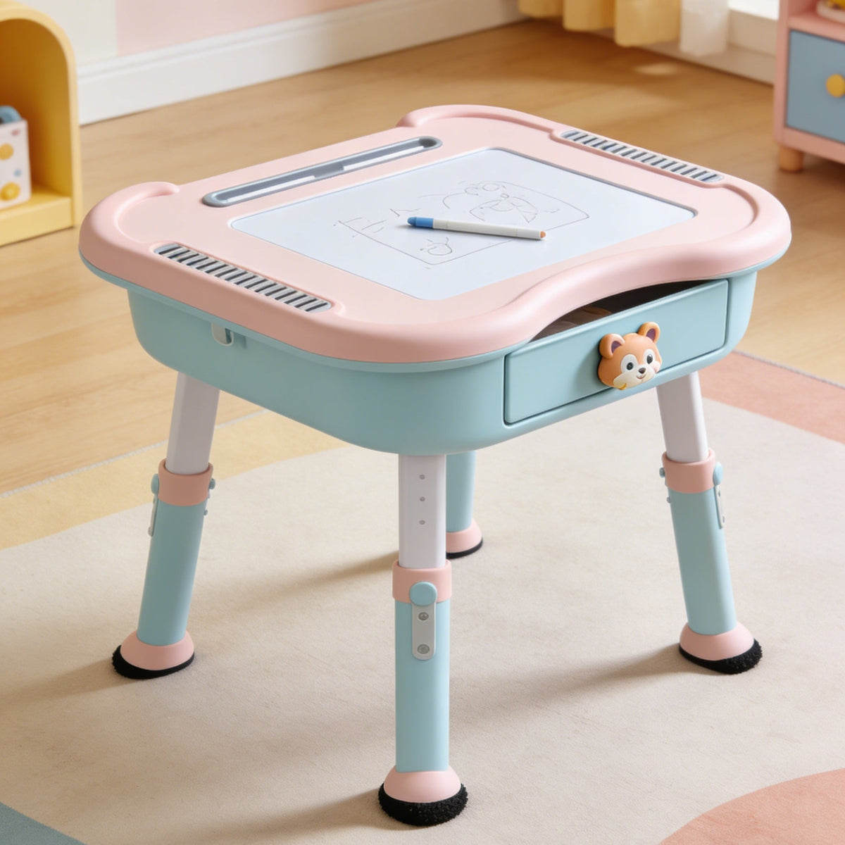 Animal Print Kids Study Desk and Chair Set - Pink Toddler Writing Table with Adjustable Mirror and StorageAnimal Print Kids Study Desk and Chair Set - Pink Toddler Writing Table with Adjustable Mirror and Storage