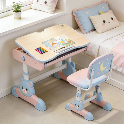 Adjustable Kids Study Desk and Chair Set - Bear Design Ergonomic School Table with Tilt Top for Girls (Pink & Blue)