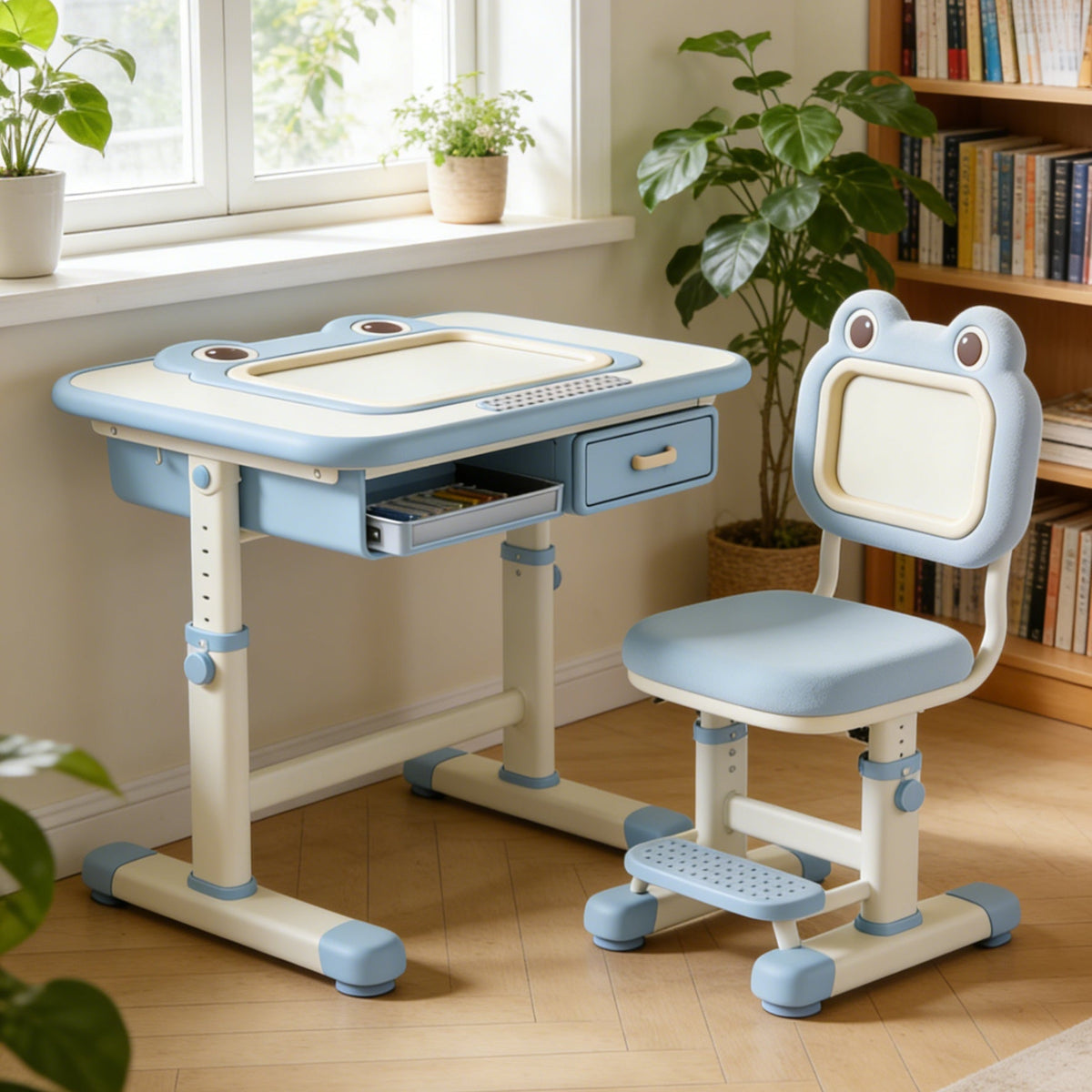 Frog Cartoon Kids Study Desk and Chair Set - Adjustable Ergonomic Writing Table with Storage Drawer for Boys (Blue & White)
