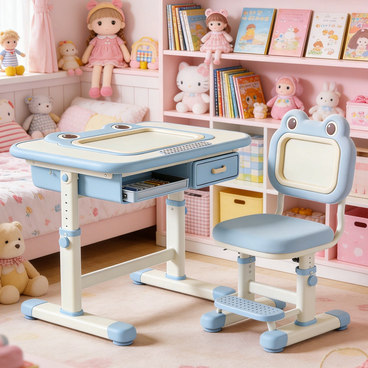 Frog Cartoon Kids Study Desk and Chair Set - Adjustable Ergonomic Writing Table with Storage Drawer for Boys (Blue & White)