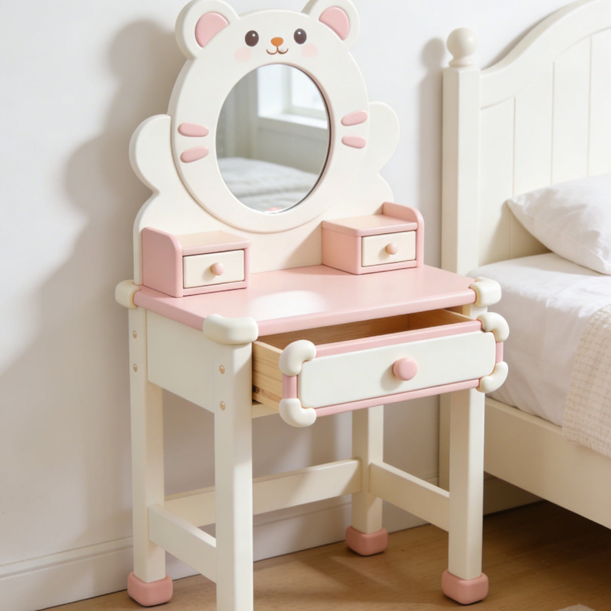 Cute Bear Kids Vanity Table - Solid Wood Toddler Dressing Table with Round Mirror and Storage Drawers (Pink & White)
