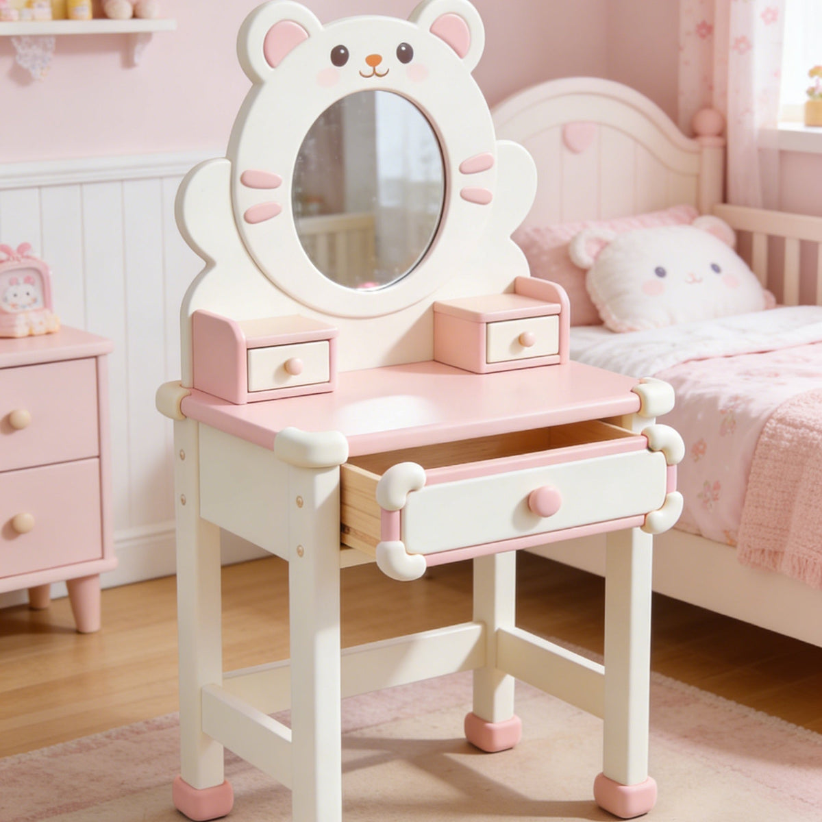 Cute Bear Kids Vanity Table - Solid Wood Toddler Dressing Table with Round Mirror and Storage Drawers (Pink & White)